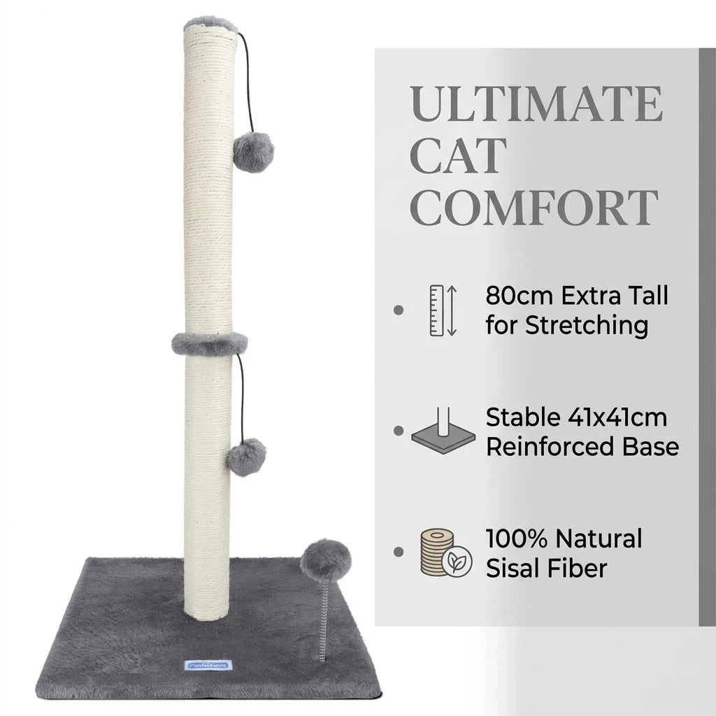 Nobleza Natural Sisal Cat Scratching Post, Cat Scratching Post, Height 80 Cm, Scratching Post for Medium and Large Cats, Stable Base with Hanging Toy Ball and Gray Spring Pompom