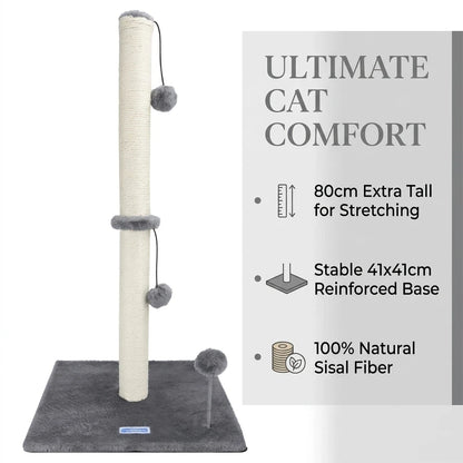 Nobleza Natural Sisal Cat Scratching Post, Cat Scratching Post, Height 80 Cm, Scratching Post for Medium and Large Cats, Stable Base with Hanging Toy Ball and Gray Spring Pompom
