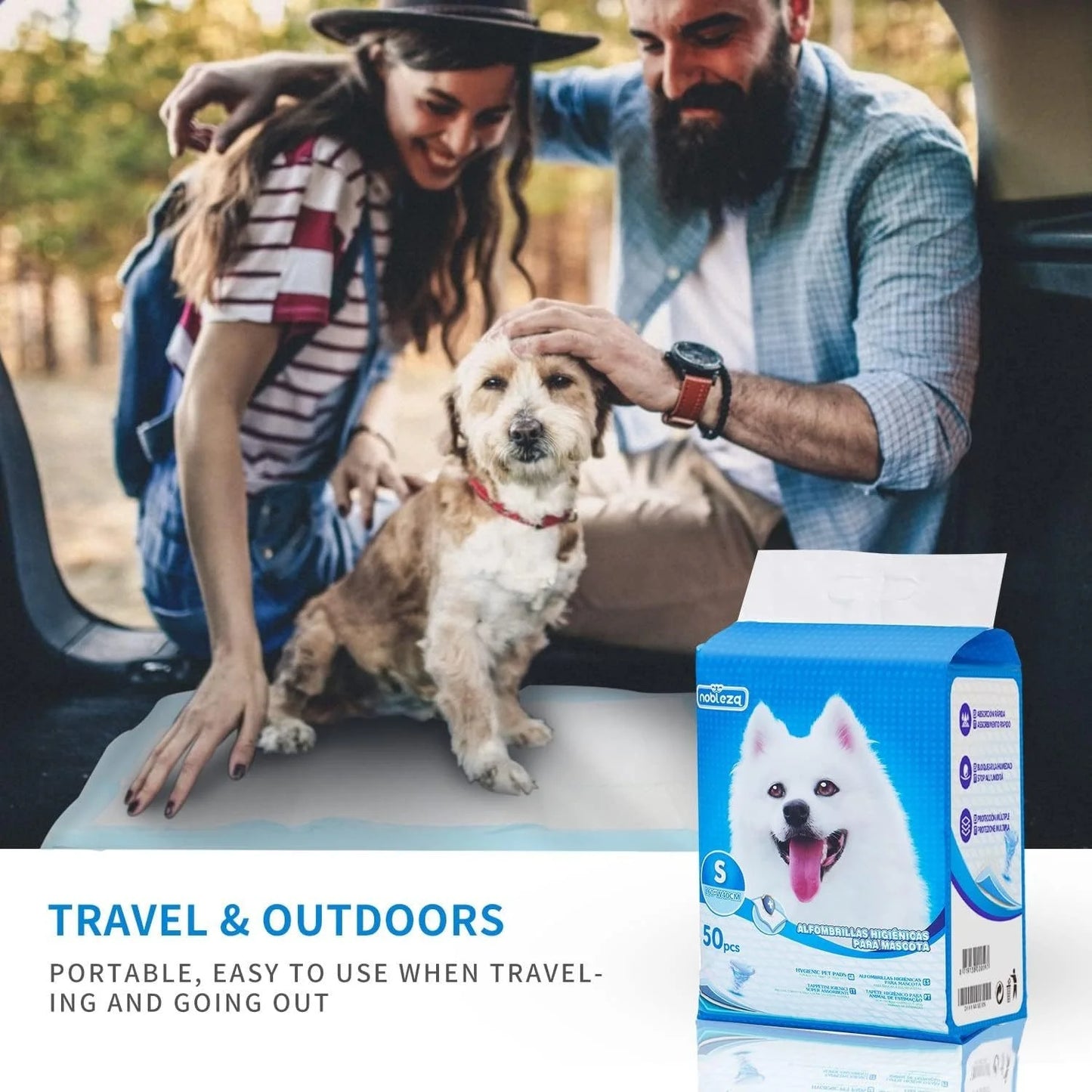 Ultra Absorbent Disposable Pee Pads for Pets - Pack of 50 by Nobleza, perfect for odor control, suitable for all breed sizes, ideal for home and travel use.