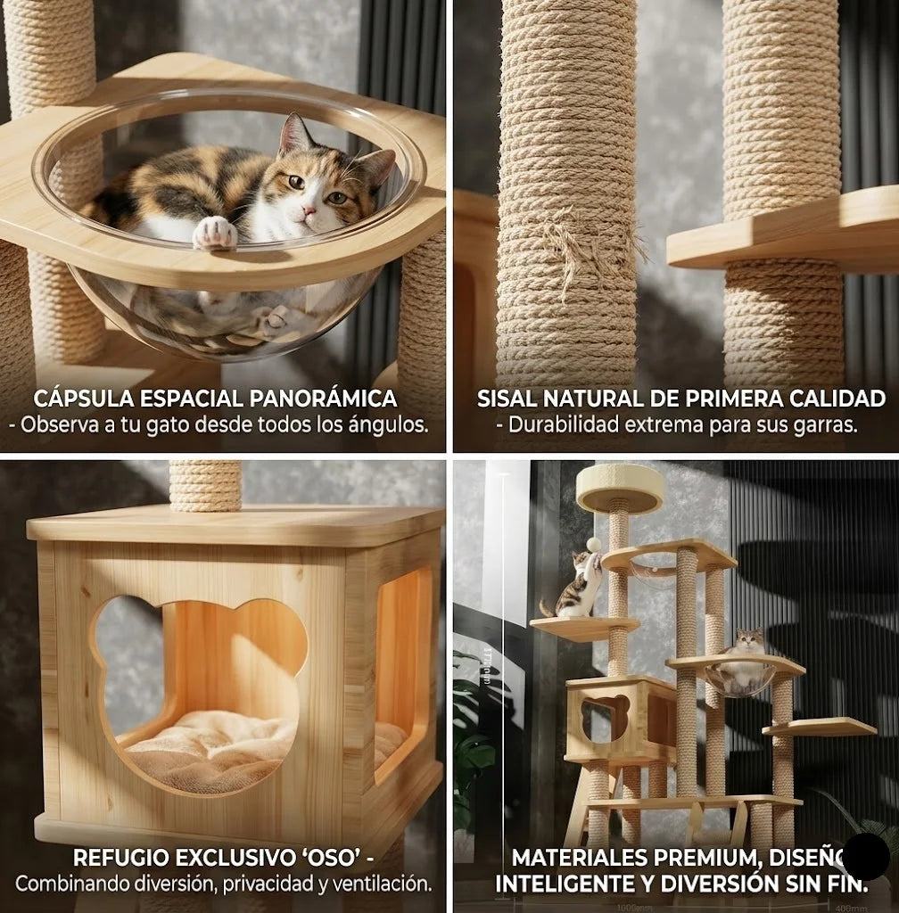 Wooden scratching tower for large cats 177x100cm, luxury multi-level tree with shelves, scratching post, platforms and space capsule for pets