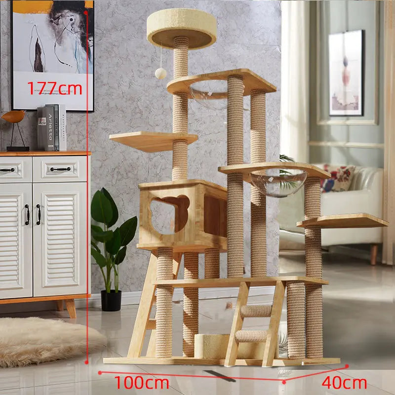 Wooden scratching tower for large cats 177x100cm, luxury multi-level tree with shelves, scratching post, platforms and space capsule for pets