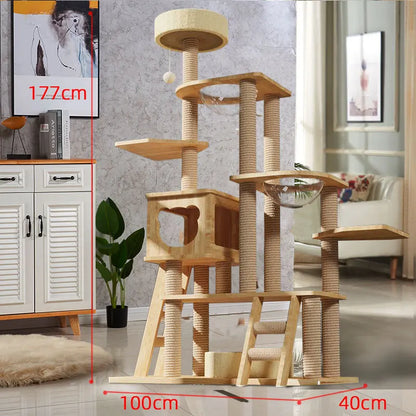 Wooden scratching tower for large cats 177x100cm, luxury multi-level tree with shelves, scratching post, platforms and space capsule for pets