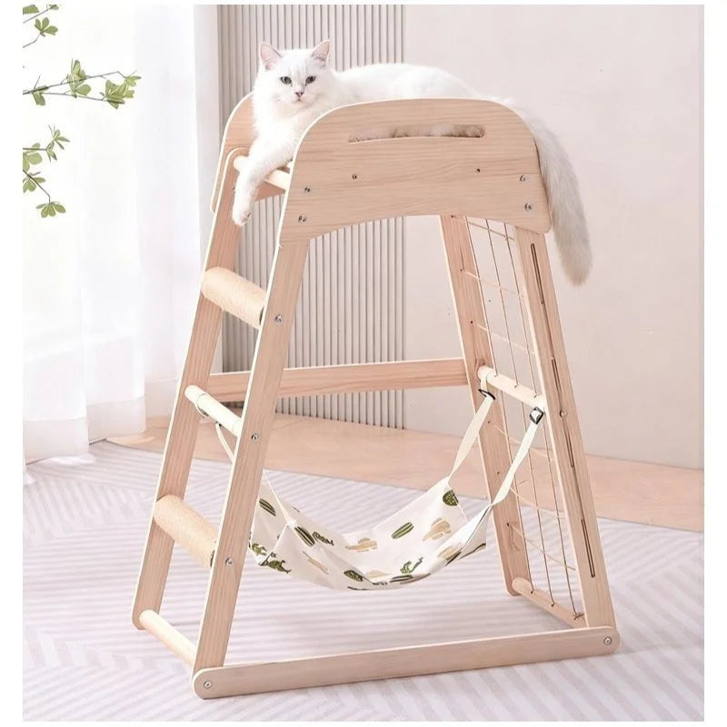 Natural wood cat scratching furniture - multifunctional play tower with elevated viewing platform and pet hanging bed