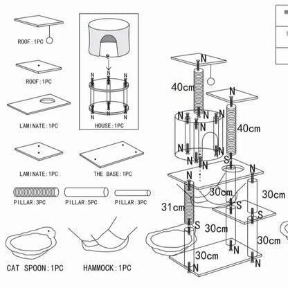 Cat tree, cat scratching post height 130 cm, play tower with large platform, scratching post, basket, cave,