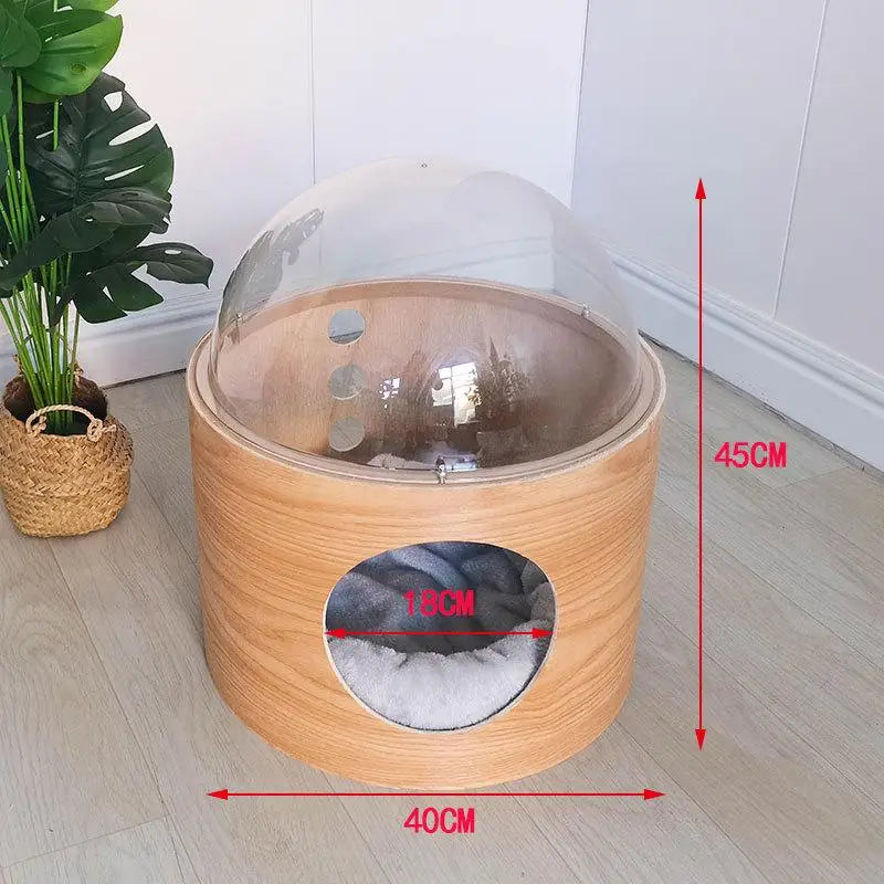 Modern Wooden Capsule Bed for Cats and Dogs - Transparent design for comfort, made of high-quality wood, perfect as a cat hammock or dog bed for all seasons.