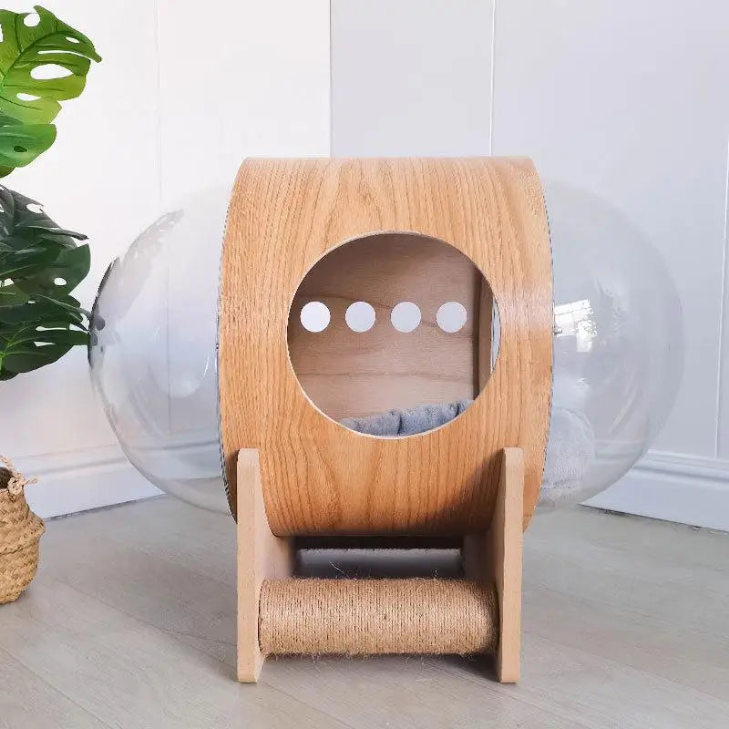 Modern Wooden Capsule Bed for Cats and Dogs - Transparent design for comfort, made of high-quality wood, perfect as a cat hammock or dog bed for all seasons.
