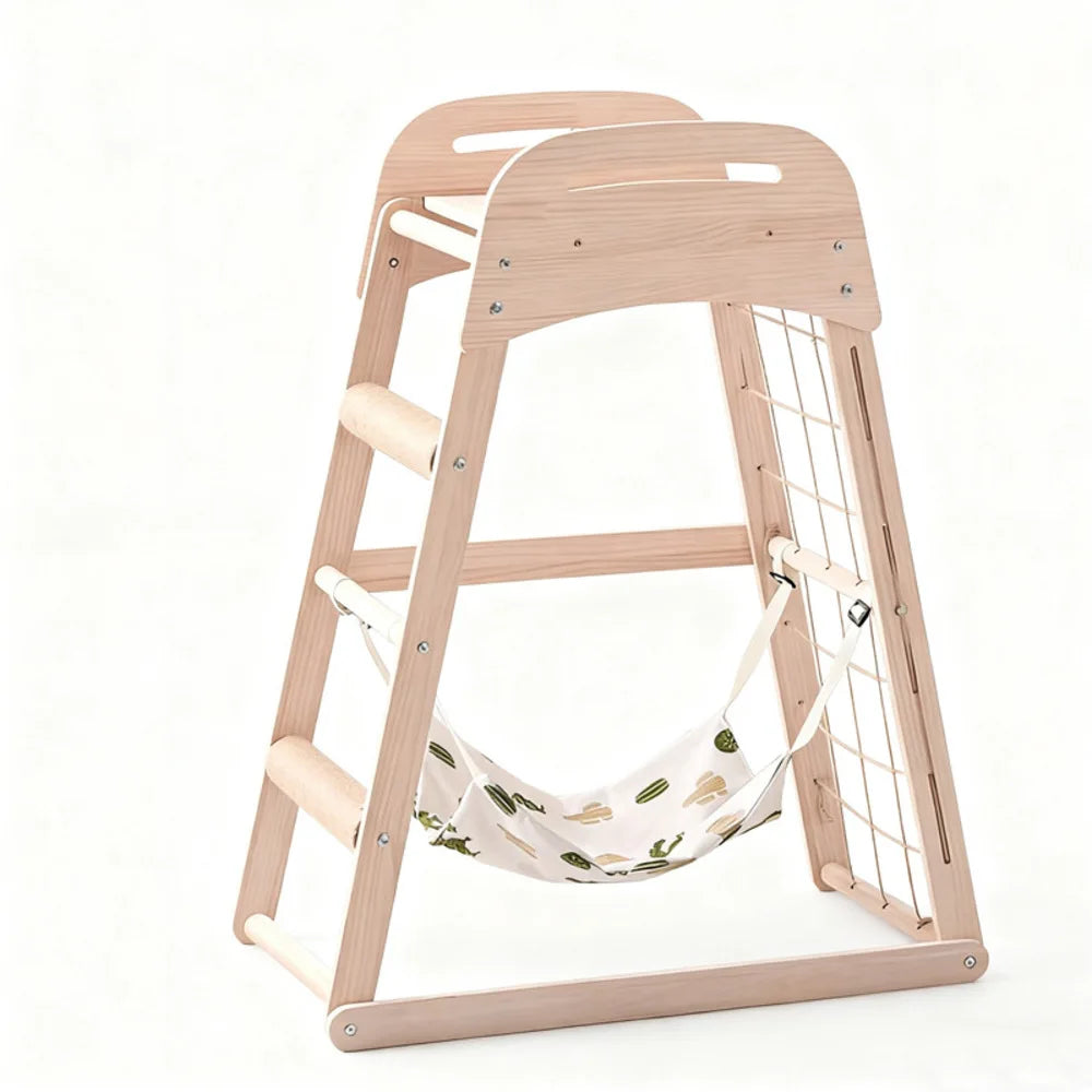 Natural wood cat scratching furniture - multifunctional play tower with elevated viewing platform and pet hanging bed