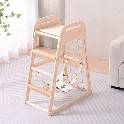 Natural wood cat scratching furniture - multifunctional play tower with elevated viewing platform and pet hanging bed