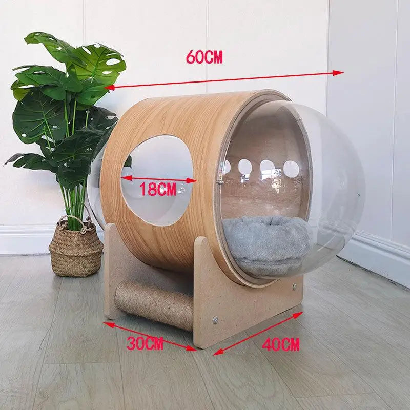 Modern Wooden Capsule Bed for Cats and Dogs - Transparent design for comfort, made of high-quality wood, perfect as a cat hammock or dog bed for all seasons.