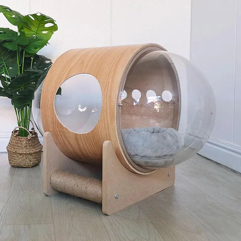 Modern Wooden Capsule Bed for Cats and Dogs - Transparent design for comfort, made of high-quality wood, perfect as a cat hammock or dog bed for all seasons.
