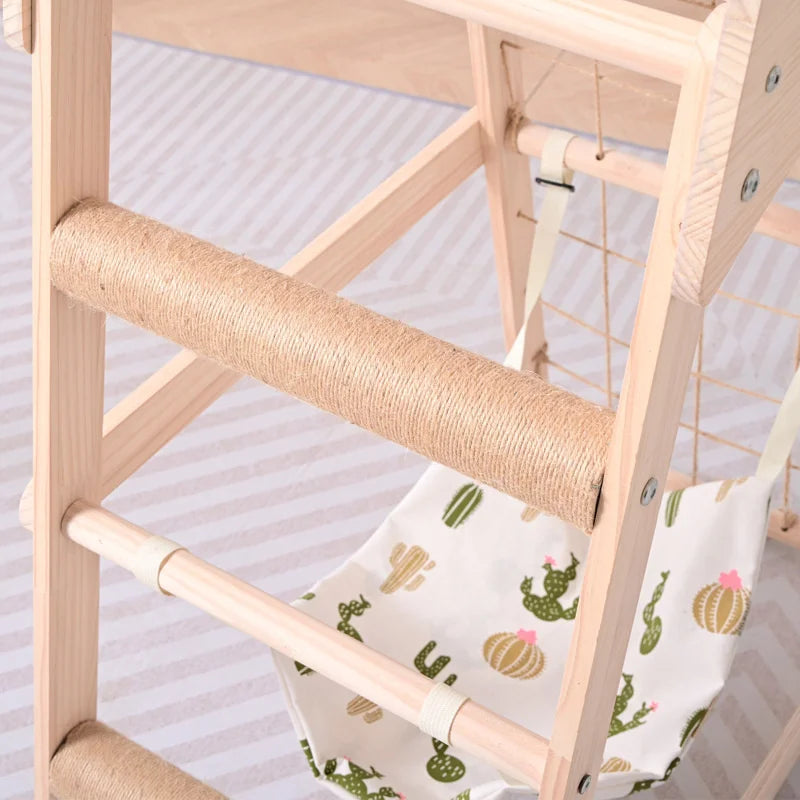 Natural wood cat scratching furniture - multifunctional play tower with elevated viewing platform and pet hanging bed