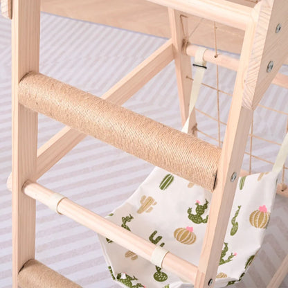 Natural wood cat scratching furniture - multifunctional play tower with elevated viewing platform and pet hanging bed