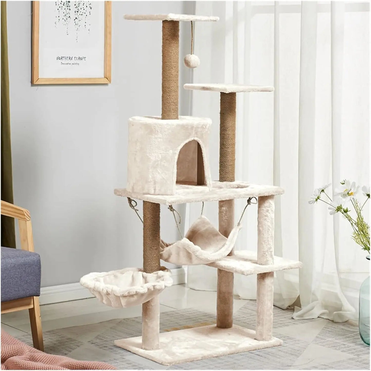 Cat tree, cat scratching post height 130 cm, play tower with large platform, scratching post, basket, cave,