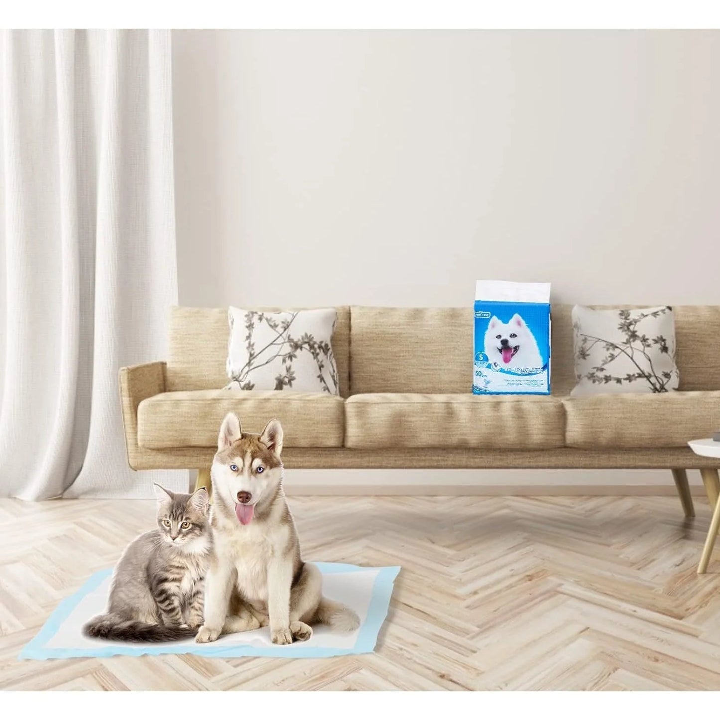 Ultra Absorbent Disposable Pee Pads for Pets - Pack of 50 by Nobleza, perfect for odor control, suitable for all breed sizes, ideal for home and travel use.