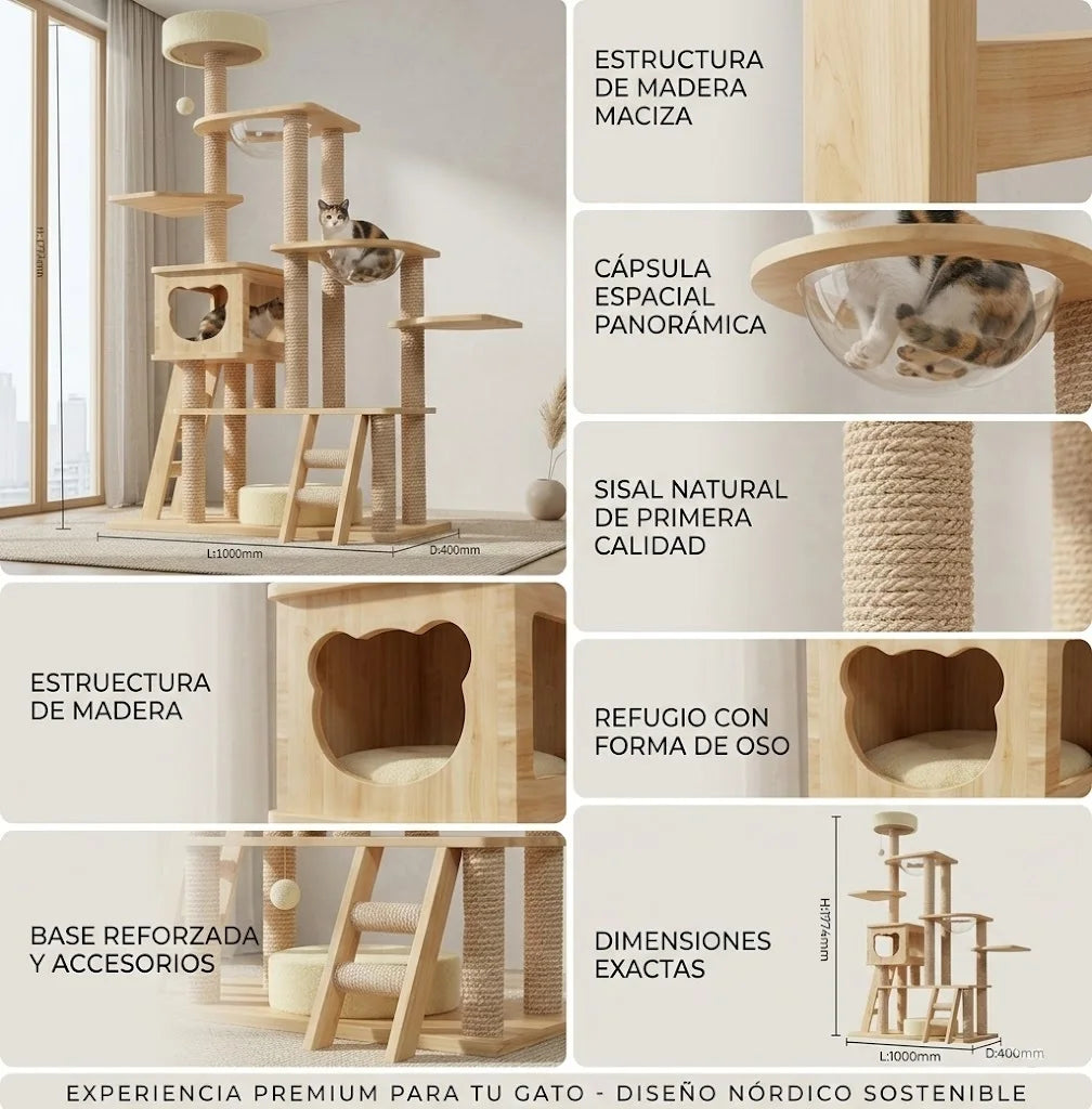 Wooden scratching tower for large cats 177x100cm, luxury multi-level tree with shelves, scratching post, platforms and space capsule for pets