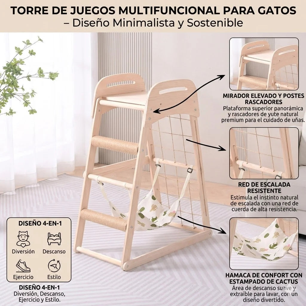 Natural wood cat scratching furniture - multifunctional play tower with elevated viewing platform and pet hanging bed