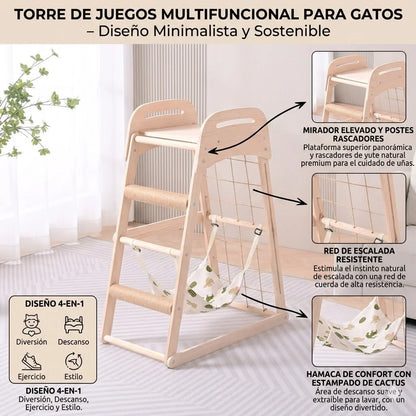 Natural wood cat scratching furniture - multifunctional play tower with elevated viewing platform and pet hanging bed