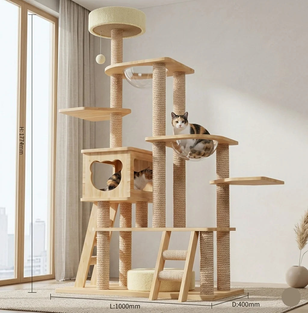 Wooden scratching tower for large cats 177x100cm, luxury multi-level tree with shelves, scratching post, platforms and space capsule for pets