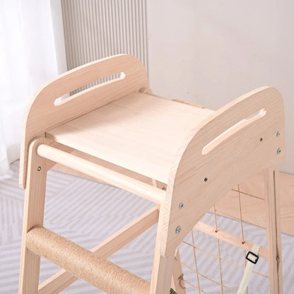 Natural wood cat scratching furniture - multifunctional play tower with elevated viewing platform and pet hanging bed