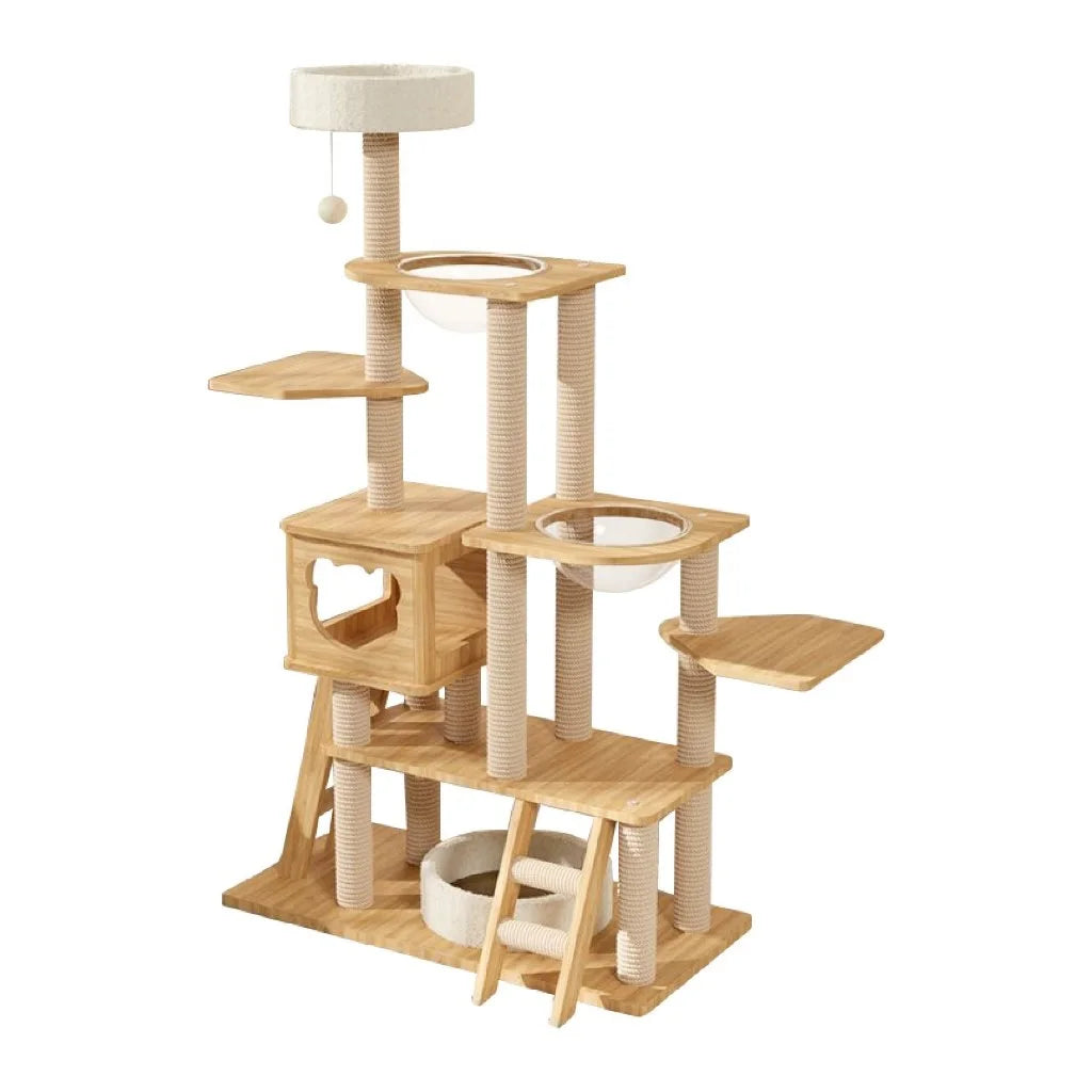 Wooden scratching tower for large cats 177x100cm, luxury multi-level tree with shelves, scratching post, platforms and space capsule for pets