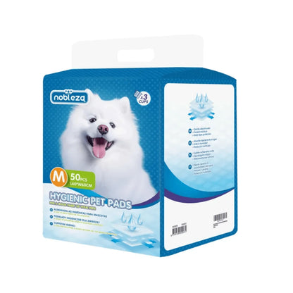 Ultra Absorbent Disposable Pee Pads for Pets - Pack of 50 by Nobleza, perfect for odor control, suitable for all breed sizes, ideal for home and travel use.