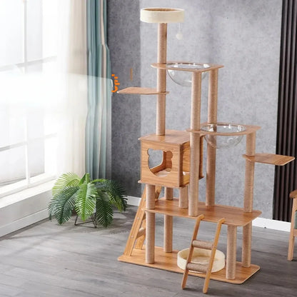 Wooden scratching tower for large cats 177x100cm, luxury multi-level tree with shelves, scratching post, platforms and space capsule for pets
