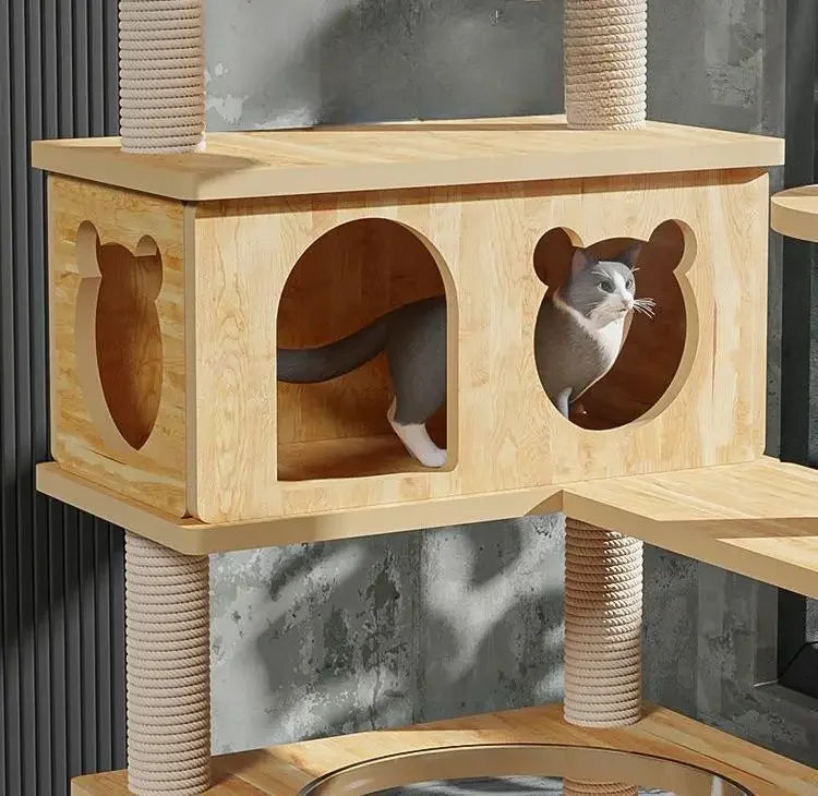 Wooden scratching tower for large cats 177x100cm, luxury multi-level tree with shelves, scratching post, platforms and space capsule for pets
