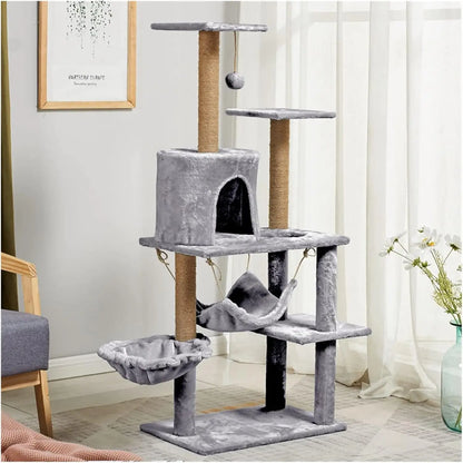 Cat tree, cat scratching post height 130 cm, play tower with large platform, scratching post, basket, cave,