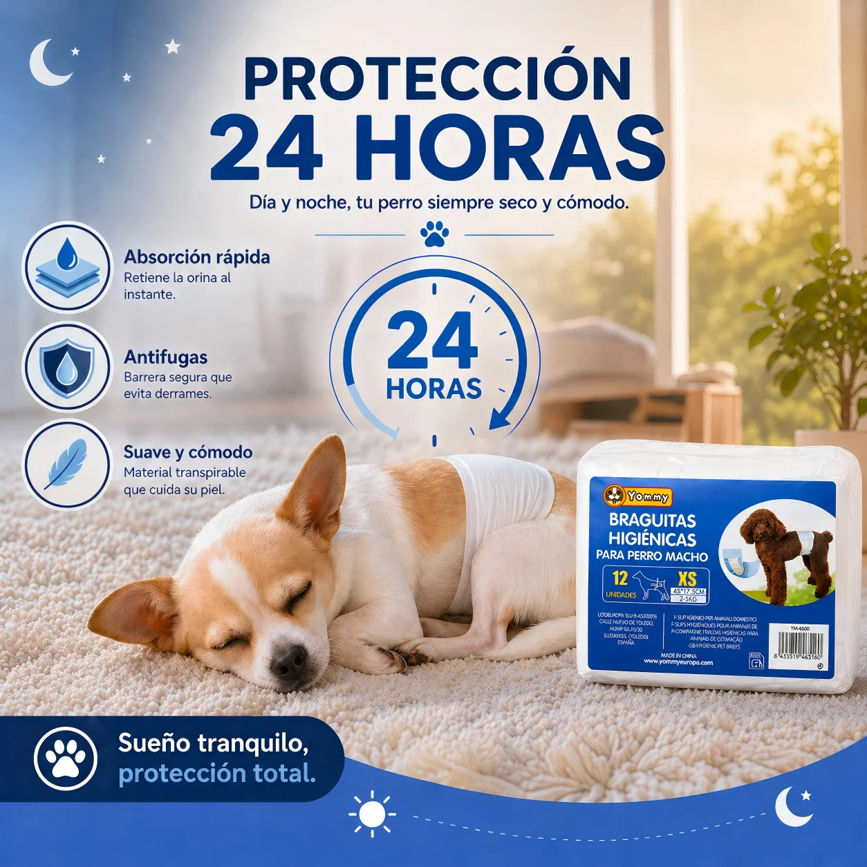 Yommy Absorbent Anti-Leak Disposable Diapers for Male Dogs - 12 Units Size - Soft and Resistant, Easy to Put on for Training and Canine Incontinence